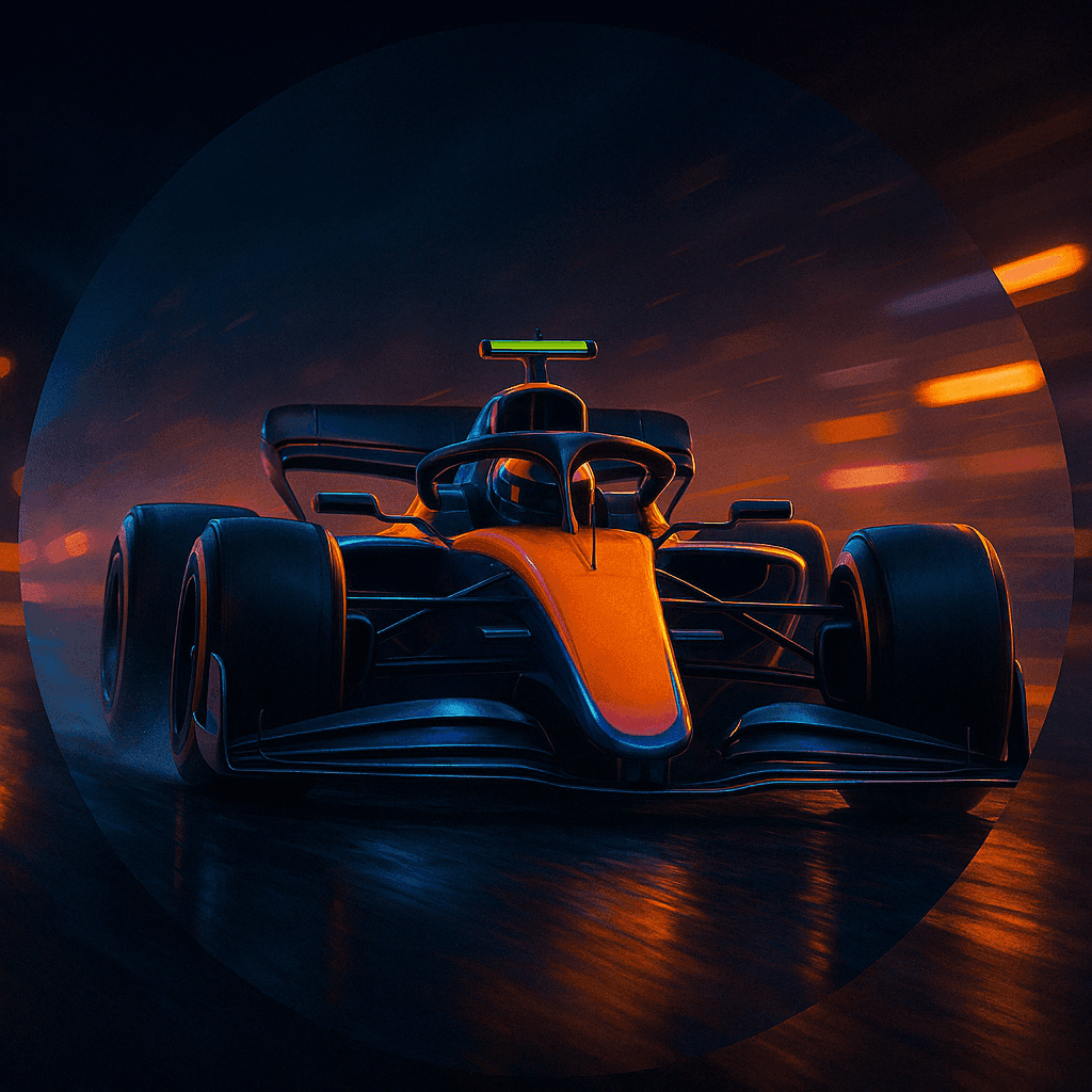 Futuristic Formula 1 car racing at night with vibrant orange and purple lighting, viewed head-on in a circular crop