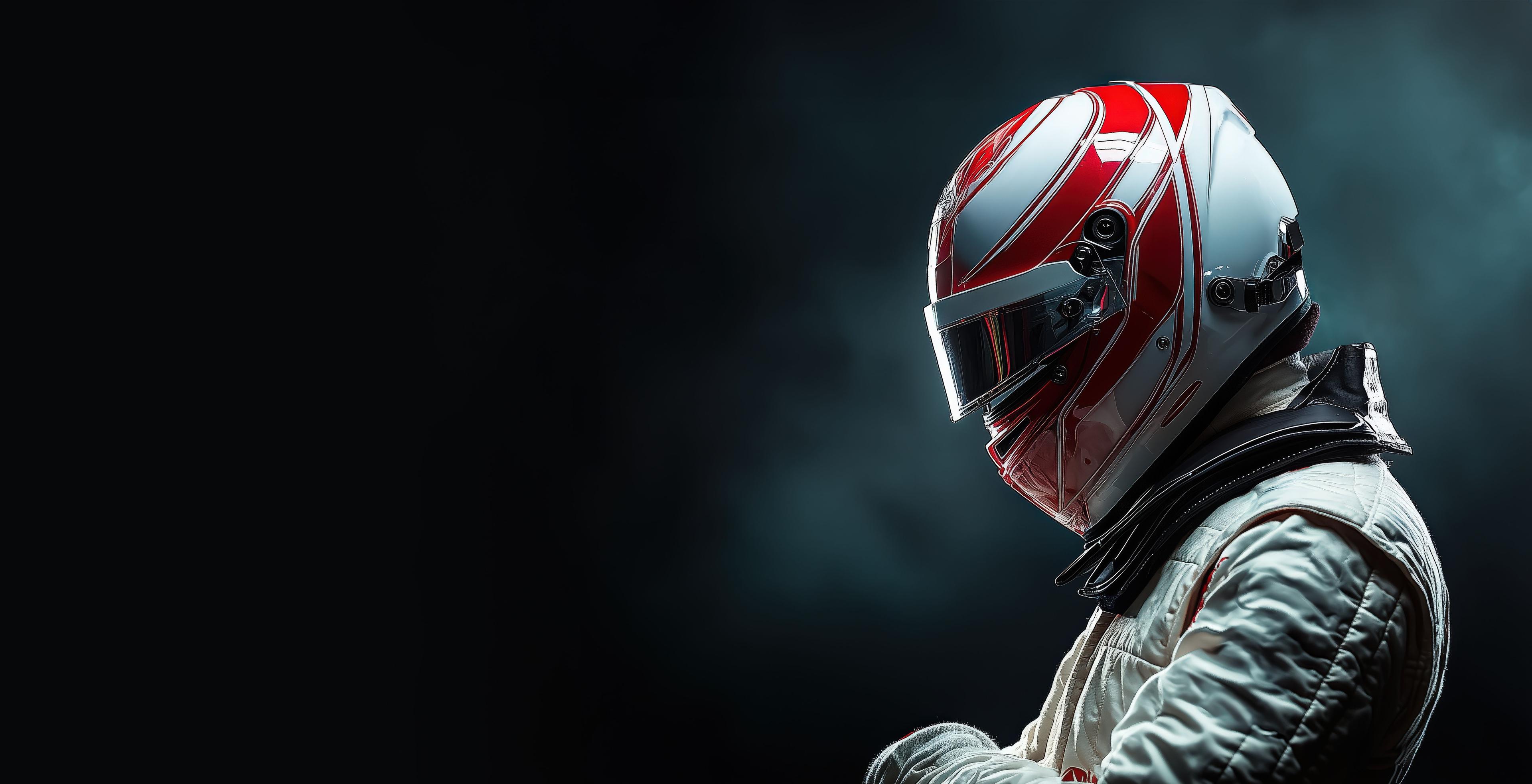 a racer in a helmet and racing suit looking down