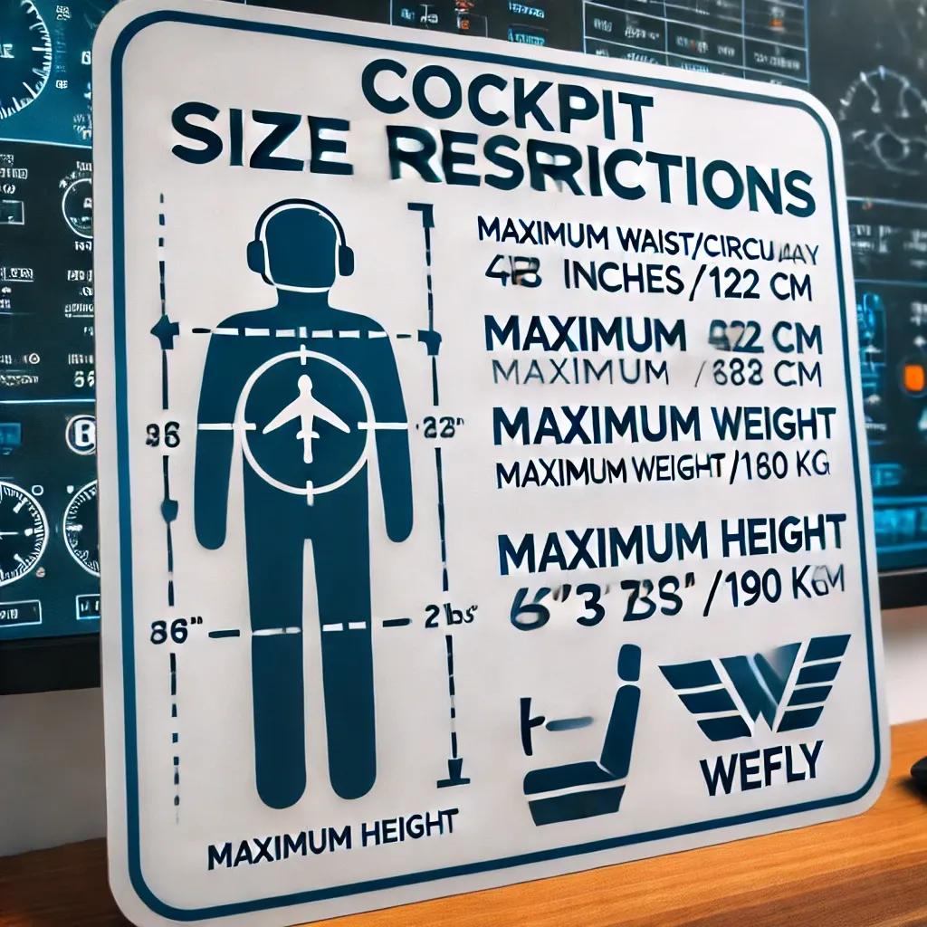 ✅ Cockpit size restriction sign for WeFly flight simulators, displaying maximum height, weight, and waist/hip circumference limits.